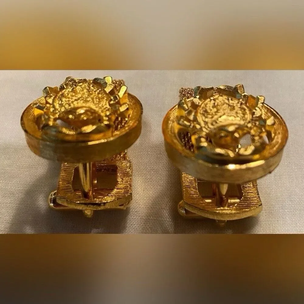 Men’s Cuff Links Gold Tone Cancer Crab Zodiac Mesh Wrap Vintage